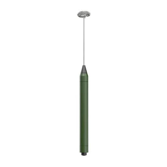A vertical electric frother with a matte olive green handle, a silver metal shaft, and a silver whisk head, shown against a plain white background.