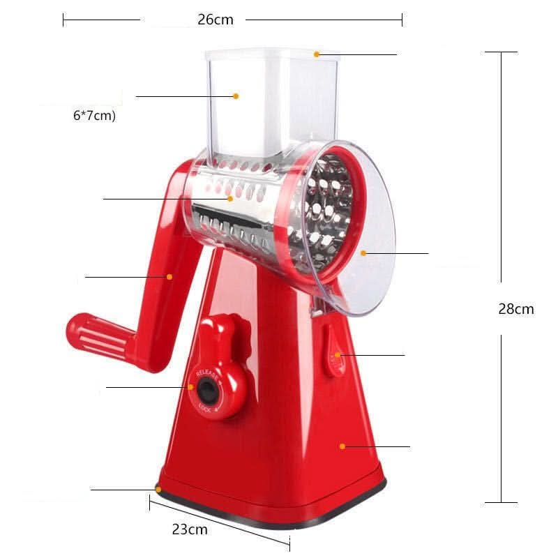 Red manual squeezer with clear container and measurements on a white background