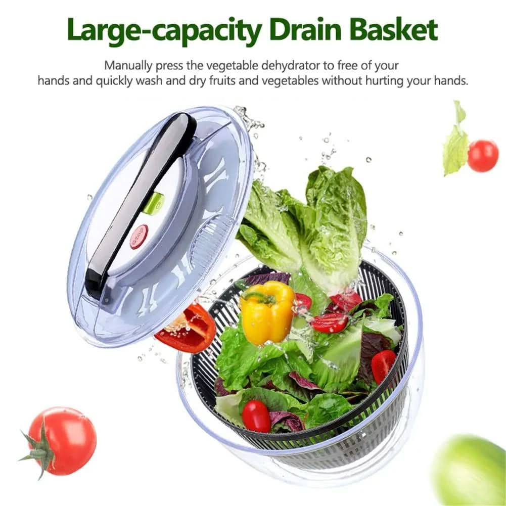 Large-capacity drain basket with vegetables inside, featuring text about its use.