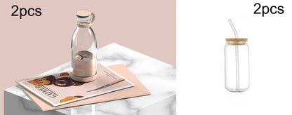 Two clear glass bottles with lids shown in a split layout. The left bottle has a metallic rose-gold cap and base and sits on a magazine on a marble-like surface against a dusty pink background.