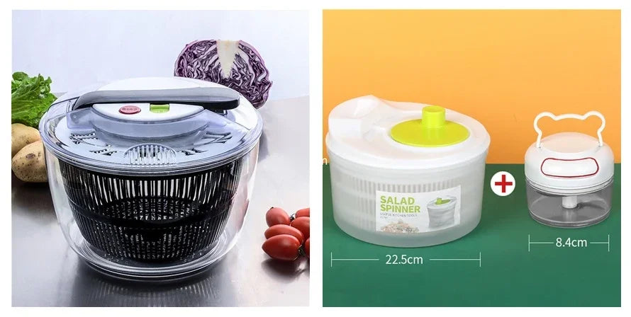 Salad spinner with vegetables on a white background and additional components on a green background.