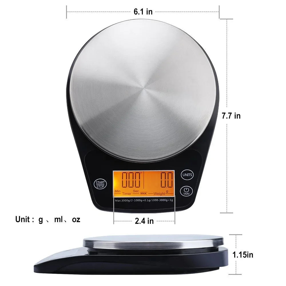 Digital kitchen scale with dimensions labeled on a white background