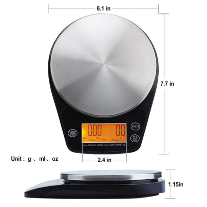 Digital kitchen scale with dimensions labeled on a white background