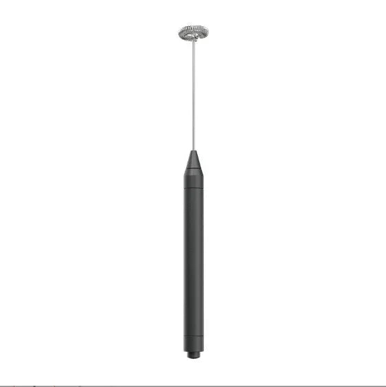 A tall, slender black frother with a silver metal rod and circular silver top attachment, shown against a plain white background.
