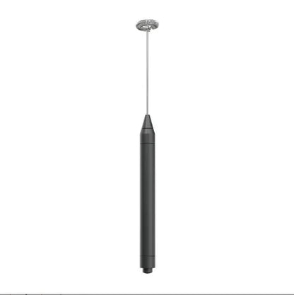 A tall, slender black frother with a silver metal rod and circular silver top attachment, shown against a plain white background.