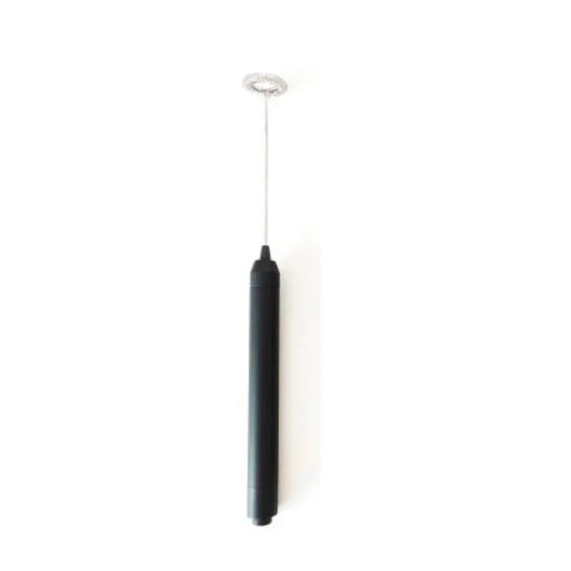 A black electric frother with a long thin metal whisker and a silver circular head, shown vertically against a plain white background.