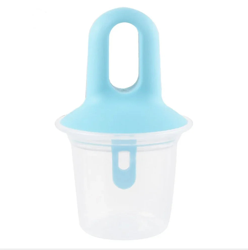 A clear plastic cup with a light blue lid and carrying handle, shown on a plain white background.