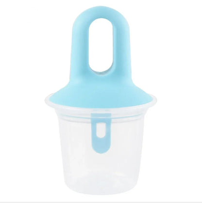 A clear plastic cup with a light blue lid and carrying handle, shown on a plain white background.