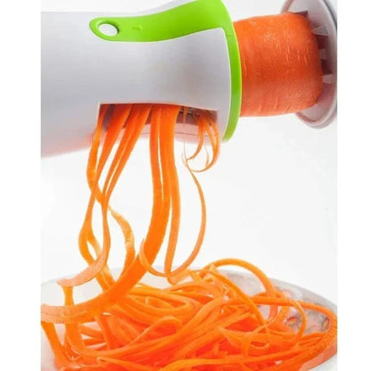 Vegetable spiralizer with orange noodles on a white background