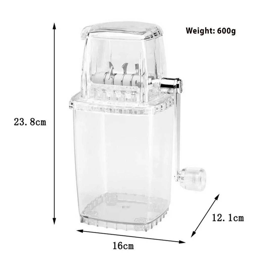 Clear plastic container with dimensions and weight label on a white background