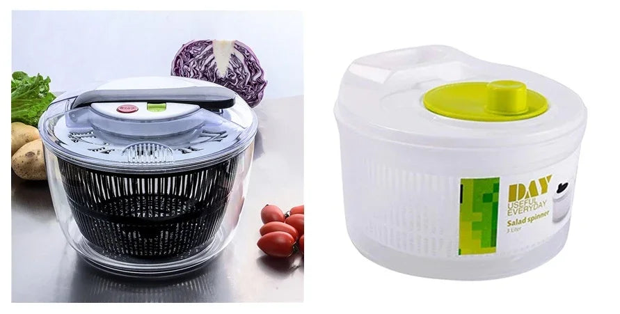 Salad spinner with a clear container and a white base with green accents on a white background.