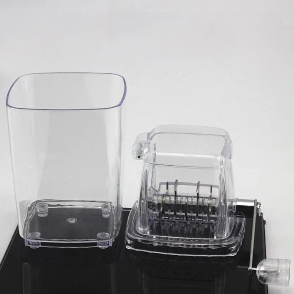 Clear plastic container and juicer parts on a white background