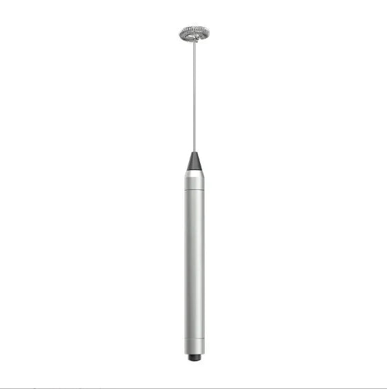 A sleek, modern milk frother with a metallic silver body and black accents, shown vertically against a plain white background.