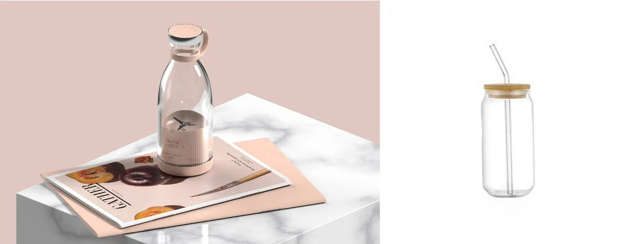 A clear glass bottle with a light wood lid and straw, shown in a styled interior scene on a marble surface next to a magazine, and also as a standalone product shot on a white background.
