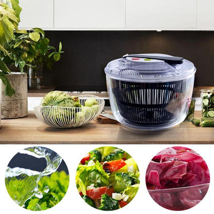 Salad spinner on a kitchen counter with salad ingredients and close-up insets of salad components.