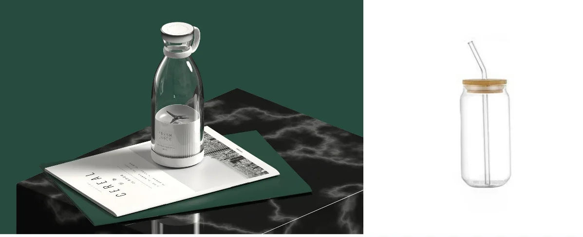 A clear glass bottle with a silver cap and white label sits on an open magazine on a dark marble surface against a dark green background. A second view on the right shows the same bottle with a clear glass straw and light wood lid on a white background.