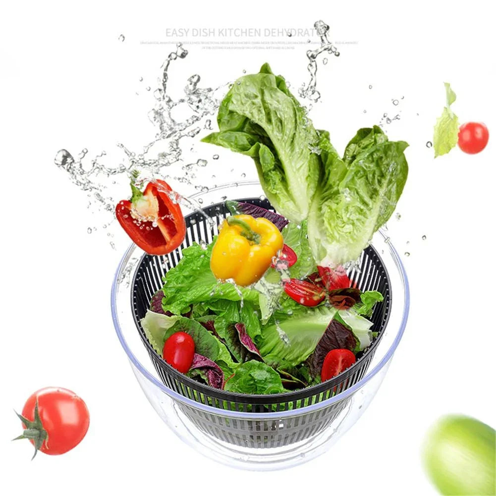 Salad spinner with fresh vegetables splashing water on a white background