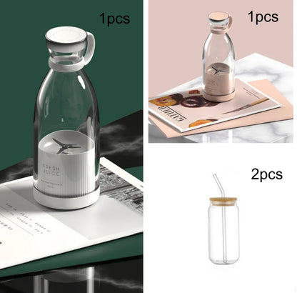 A collage showing two views of a clear glass water bottle: one with a white lid and handle on a dark green background, and one with a white lid on a marble surface. A second clear glass bottle with a straw and light wood lid appears in the bottom right on a white background.