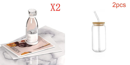 Two clear glass drinking containers shown on a white background: a taller bottle with a clear cap and white base on a magazine, and a shorter tumbler with a clear straw and light wood lid. Red text reads 'X2' and '2pcs'.