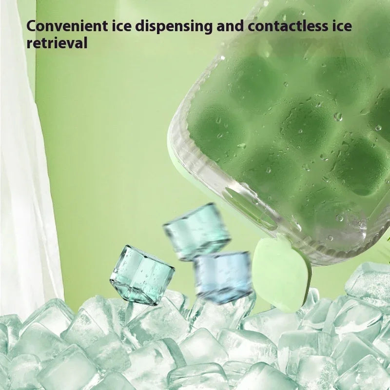 A green silicone ice cube tray with a leaf-shaped handle is shown dispensing clear ice cubes against a light green background, with text reading 'Convenient ice dispensing and contactless ice retrieval'.
