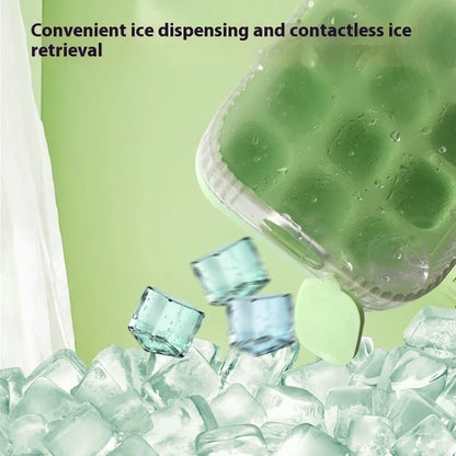 A green silicone ice cube tray with a leaf-shaped handle is shown dispensing clear ice cubes against a light green background, with text reading 'Convenient ice dispensing and contactless ice retrieval'.