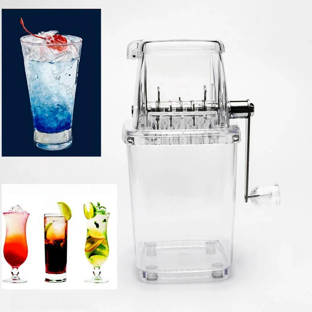 Clear cocktail mixer with inset images of colorful cocktails.