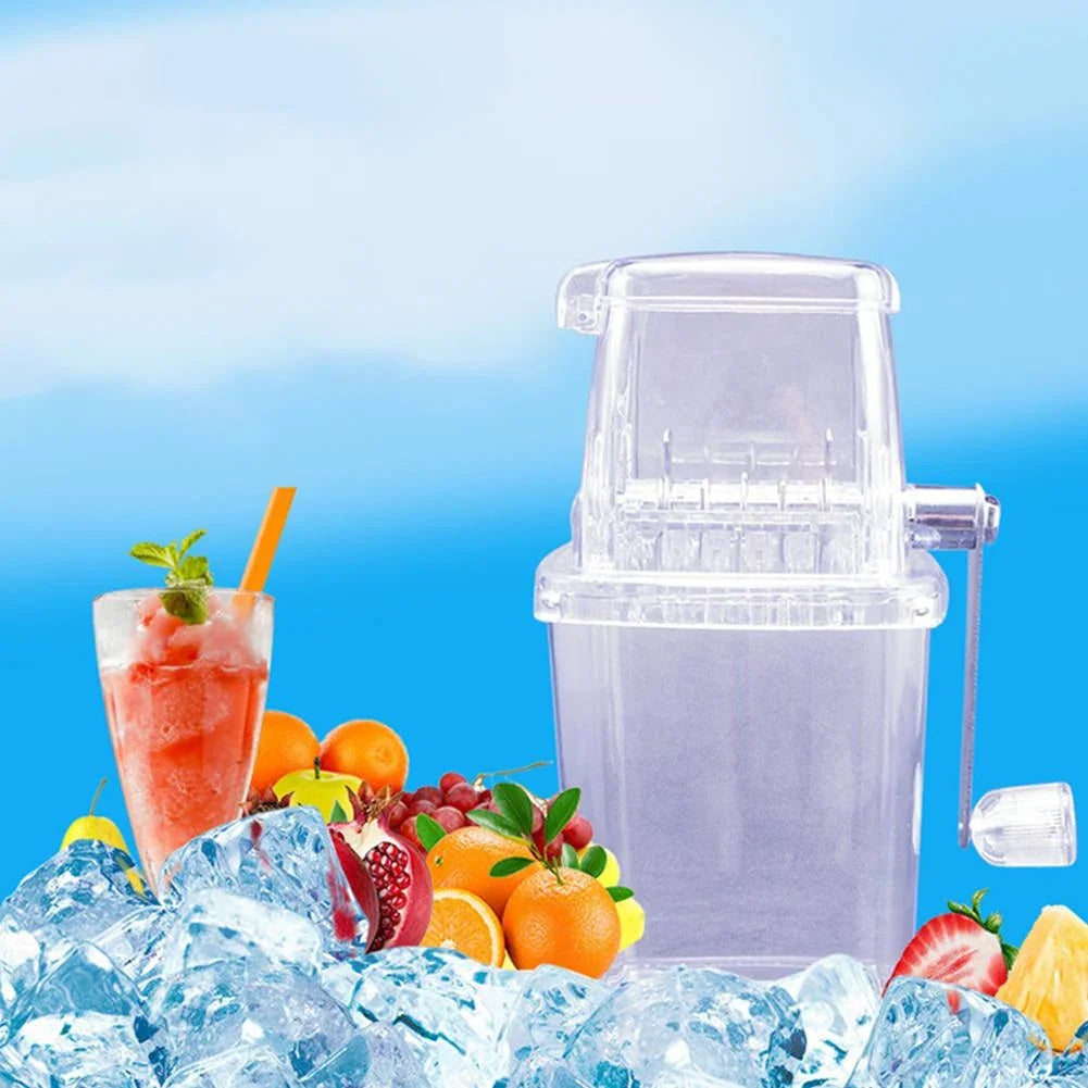 Clear plastic juicer with fruits and a drink on a blue gradient background