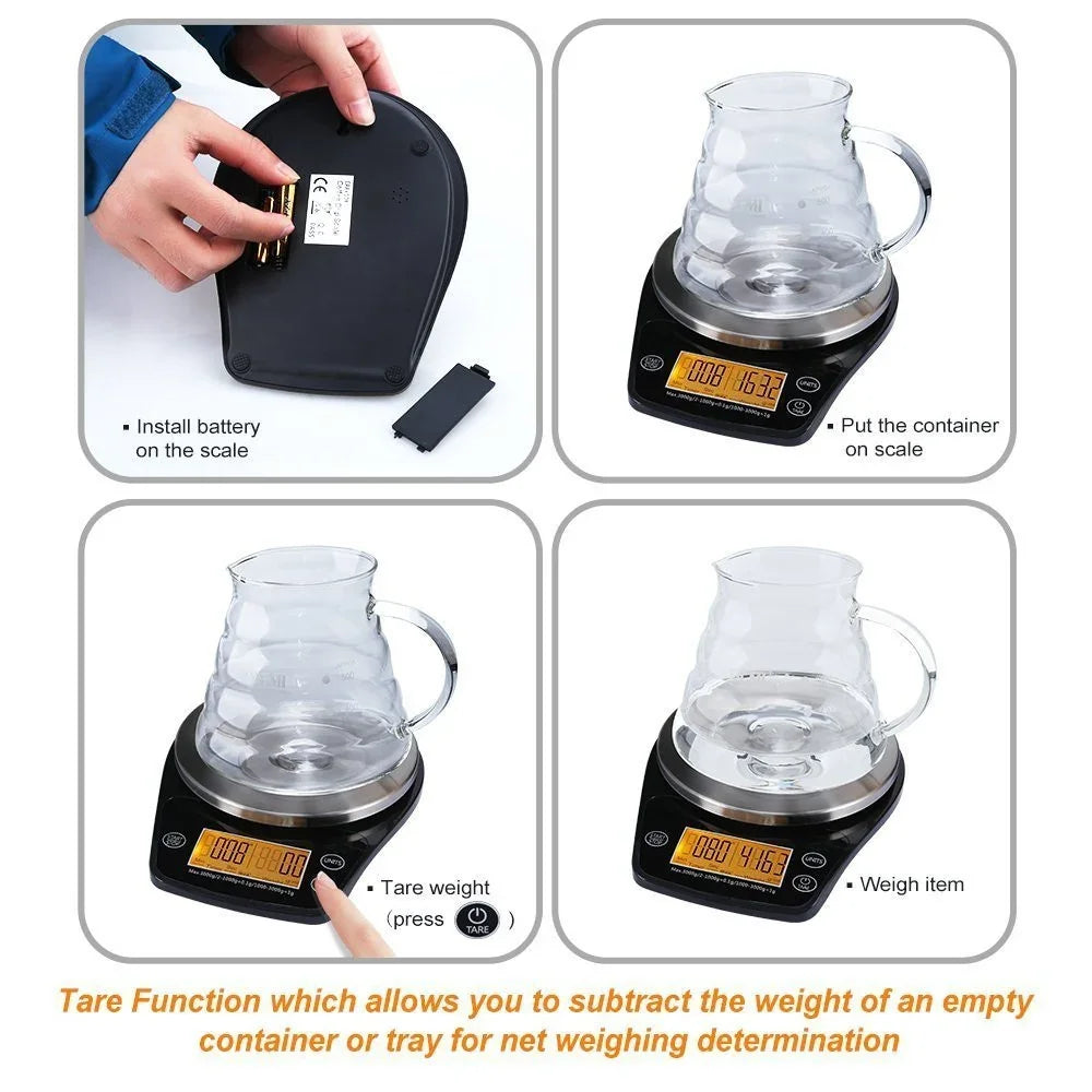 Step-by-step guide on using a digital kitchen scale with a pitcher.