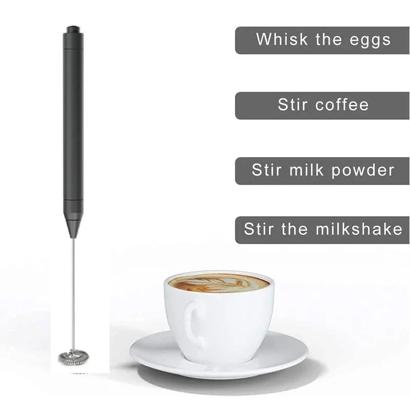 Black milk frother next to a white cup of coffee with text indicating its uses.