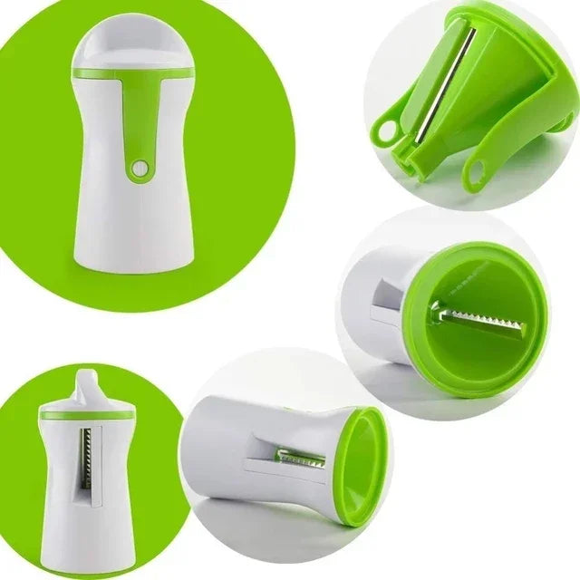 Multifunctional kitchen tool with green and white design on a white background