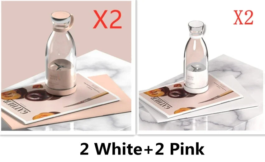 A product comparison graphic showing two views of a small clear glass bottle with a white base, displayed on a magazine over a marble surface. The left panel has a soft pink background and a red 'X2' indicating a two-pack, while the right panel has a white marble background.