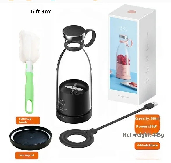 Black electric cup with accessories and packaging on a white background
