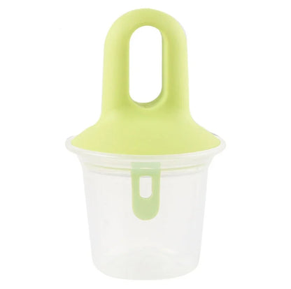 A clear plastic cup with a light green lid featuring a loop handle and a matching green latch, shown on a plain white background.