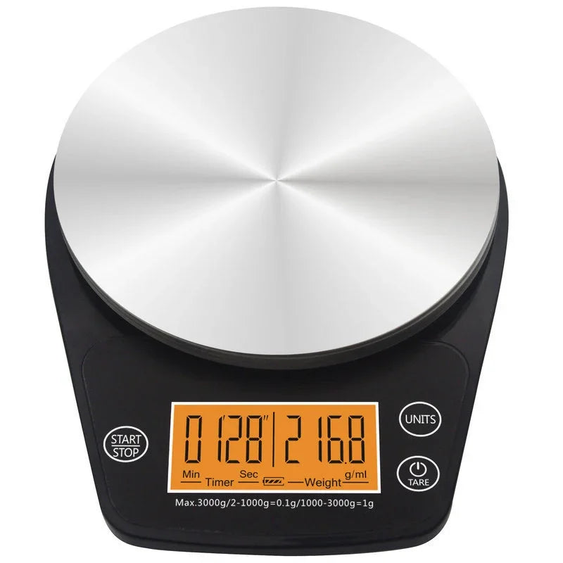 Digital kitchen scale with a silver top and black base on a white background