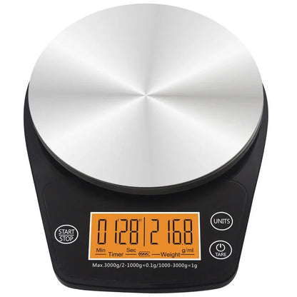 Digital kitchen scale with a silver top and black base on a white background