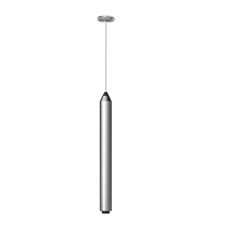 A sleek, modern frother with a cylindrical metallic body, a thin vertical cord, and a circular whisker head at the top, shown against a plain white background.