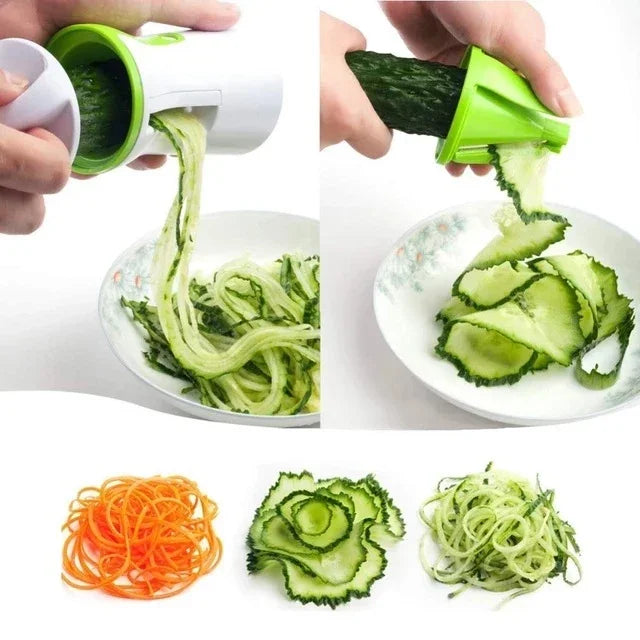 Vegetable spiralizer being used to create noodles from various vegetables on a white background.