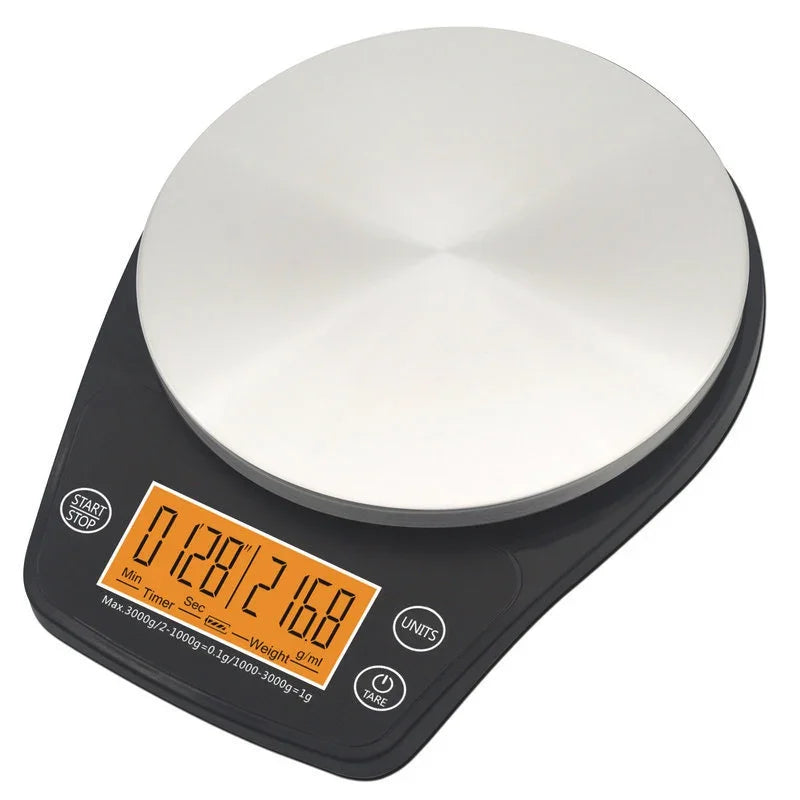 Digital kitchen scale with a white platform on a white background
